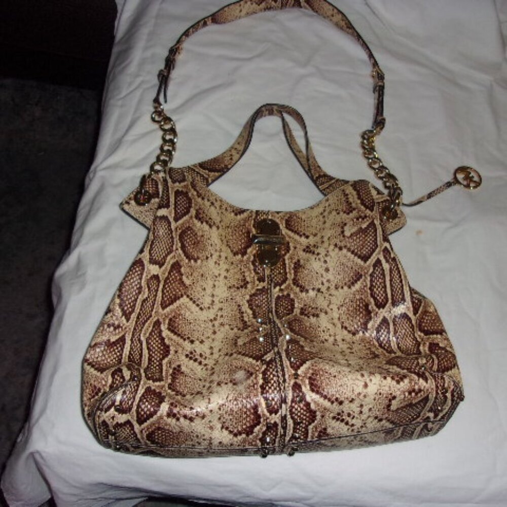 MICHAEL KORS BROWN & BEIGE LEATHER SNAKESKIN PRINT LARGE TOTE BAG